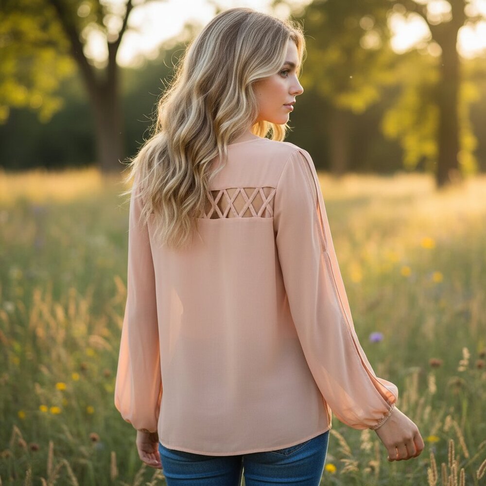 Umgee M Coral Orange Split Sleeve Cutout Top Boho Cottage Coastal Pastel Fairy